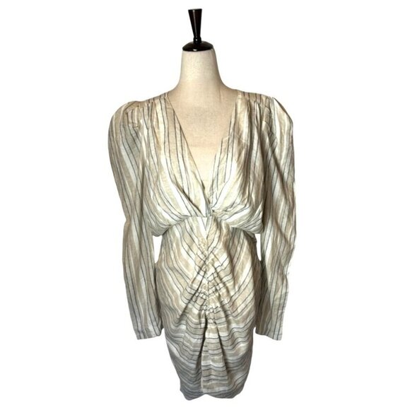 Ronny Kobo Dress Women Large Ivory Tan Striped Linen Blend Puff Sleeve Joslyn - Picture 2 of 15